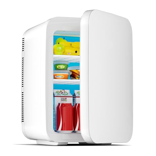 Image of Mini Fridge for Bedroom - 10 Liter /15 Can Portable Refrigerator for Dorm, Office, Car - Quiet Cooler & Warmer for Food, Drinks, Makeup & Skincare - AC /DC Power Supply