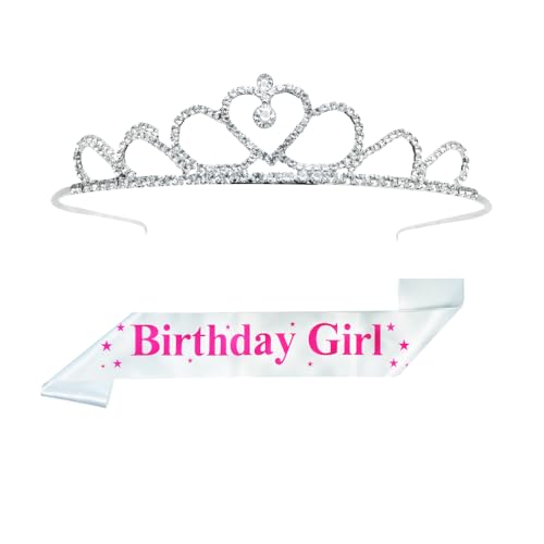 Image of DECOFY Birthday Sash & Crown Set - 3 Pc Combo with Tiara Crown Hairband, Sash & Pin (White), for Girls & Women of All Ages, Birthday Party Accessories, Stylish, Comfortable & Reusable Celebration Wear