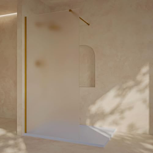 SOULHOME Mampara Panel Fijo Translucido, Fácil instalación Vidrio MATE Arenado de seguridad 8 mm antical, 70 cm ancho x 200 cm alto, Perfil Oro