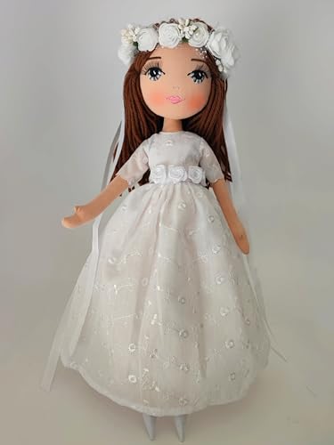 Drimydolls Muñeca de comunión (Pelo castaño Lazo Flores)