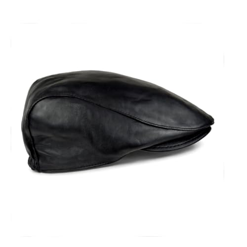 Handmade Mens Real Leather Newsboy Cap Vintage Sheepskin Leather Flat Cap Classic Cabbie Driver Ascot Hat (US Alpha Large Black)