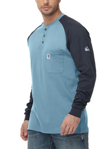 Image of VANDISI FR Shirts Flame Resistant Shirts 5.5oz Lightweight Cotton Two Tone & Henley Shirts for Men Long Sleeve Pre-Washed Fire Retardant Shirts Smoke Blue-Dark Blue
