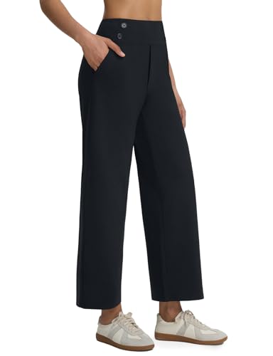 baleaf Womens Dress Yoga Pants Wide Leg 28 Work Pants with Pockets Stretch High Waist Casual Pants Black L