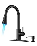 FORIOUS LED Kitchen Faucet with Soap Dispenser and Pull Down Sprayer, Matte Black High Arc Single Handle 3 Modes Stainless Steel Bar Faucet for Kitchen Sink RV Laundry Camper
