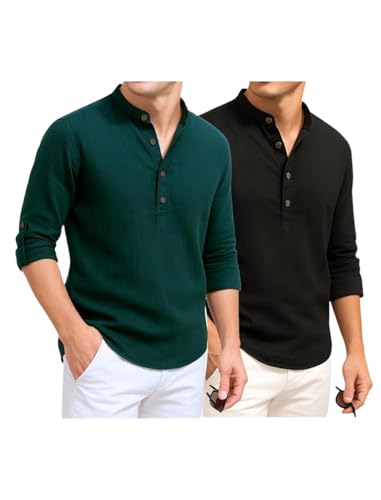 Image of DEEMOON Combo of Men's Cotton Blend Solid Regular Fit Full Sleeve Short Kurta | Men's Trendy Short Kurta Pack of 2 (Available in Plus Size & Combo Packs)