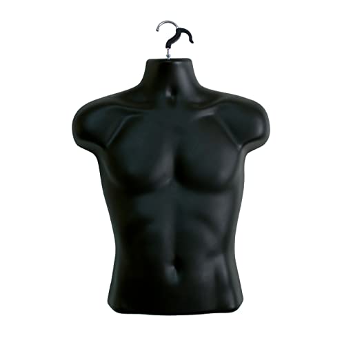 DisplayTown Black Male Mannequin Torso Hollow Back Body Stackable Dress Form with Hanging Hooks for Tshirt Display Countertop Craft Shows Photos and Design S-M Clothing Size (Black Set of 1)
