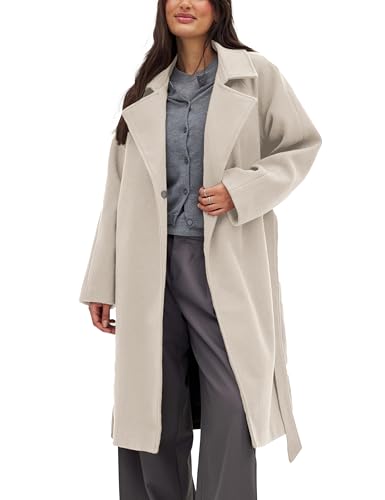 Tomosc Belted Coat for Women Winter Classic Loose Open Front Notch Lapel Trench Peacoat Long Outwear with Pockets (24-Beige-XL)