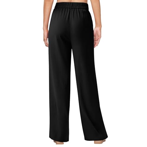 Linen Dress Pants Women Elastic High Waisted Wide Leg Lounge Pants Summer Business Casual Beach Trousers with Pockets3