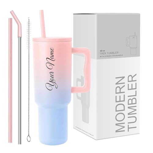 Image of Zephorus Personalized with Your Name, 1200ml Tumbler with Straw-Handle-Stainless Steel Double Wall Insulated Cup Leak-Proof Sipper Mug for Hot-Cold Drinks Coffee - Water Tumbler (Pink Blue Custom)