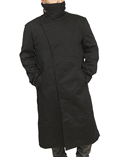 Mens Officer Black Cotton Duster Coat - Black Fur Collar Cosplay Costume Long Canvas Jacket