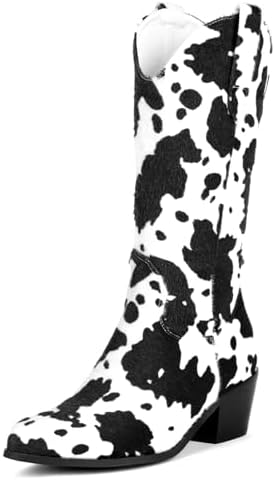 Cozivwaiy Women Mid Calf Cowboy Boots Chunky Heel Half Boot Cow P...