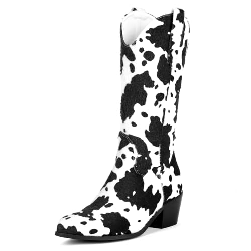 Cozivwaiy Women Mid Calf Cowboy Boots Chunky Heel Half Boot Cow Print Western Boots Plus size (US 4-12.5)