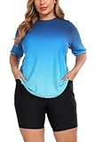 Halcurt Womens Swim Shirt with Bra Built in Plus Size Swimsuit Sun Protection Rash Guard Ombre Blue 1X
