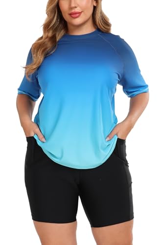Halcurt Womens Swim Shirt with Bra Built in Plus Size Swimsuit Sun Protection Rash Guard Ombre Blue 1X