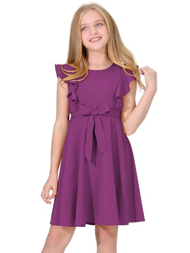 Quedoris Girls Ruffle Trim Sleeveless Belted Dress with Zipper Purple 140Y