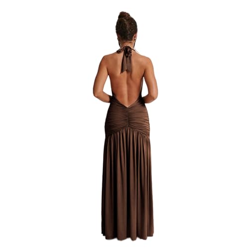 Image of ANKOMINA Women's Sexy V Neck Halter Backless Maxi Dress Ruched High Split Long Bodycon Dresses for Party Cocktail Evening