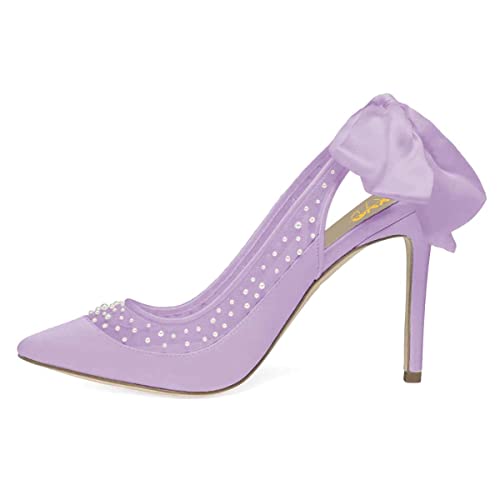 XYD Women's Silk Satin Pointed Toe Pumps Wedding High Heel Pearls Back Bowknot Mesh Brides Evening Shoes2