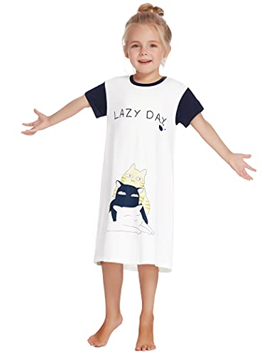 Arshiner Girls Nightgowns Contrast Sleeve Shirt Dress Cat Printing Sleepwear For Girl White 6-7Y #TOP2