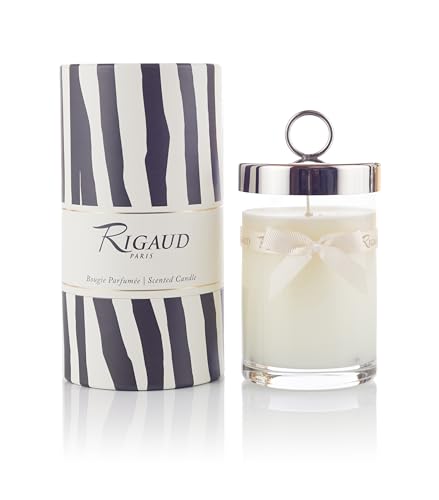 Rigaud Paris, Gardenia, Bougie D'ambiance Parfumee, Large Candle Modele Complet with Metal Silver Snuffer and Metal Silver Base, White, 5.5 Inches Tall