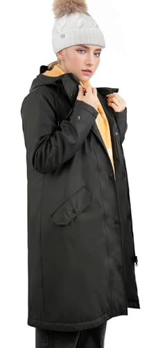 Regenmantel Damen Wasserdicht Regenjacke Winterjacke Damen Lang Wintermantel Warm Gefütterte Friesennerz Übergangsjacke Herbst Softshelljacke mit Kapuze Windbreaker Parka Winter,Schwarz,42