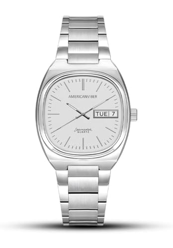 Image of AMERICANVIBER Men's Stainless Steel Classic Analog Watch, Casual & Business, with Cushion Case Dial and Day-Date Display