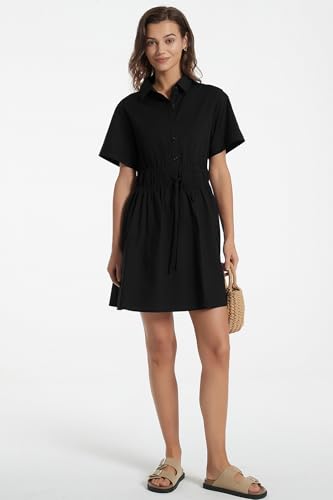 Image of D-Sun Women Casual Button Down Shirt Dress V-Neck Short Sleeve Tie Waist Mini Shirt A-Line Flowy Elegant Short Party Dress