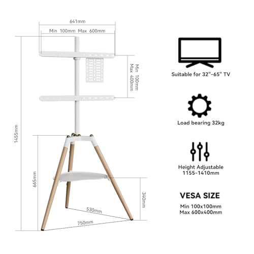 Image of Audiovan Tripod TV Stand Wooden for 32-65 Inch,Floor TV Stand (Height - 1455) 100x100-600x400 VESA TV Corner Stand with Mount /Easel TV Floor Stand (White, 32-65 Inch)