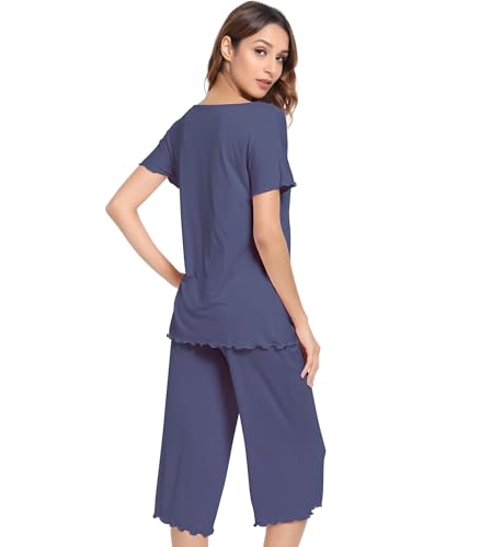 Image of NACHILA Women's Bamboo Viscose Pajama Sets Summer Cooling Short Sleeve Capri Soft Pjs Night Sweats Moisture Wicking Sleepwear