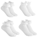 LXUEJIE 4 Pairs White Lace Ruffle Socks, Cute Lace Frilly Ankle Socks Cotton Ballet Sock Comfortable Princess Sock for Women
