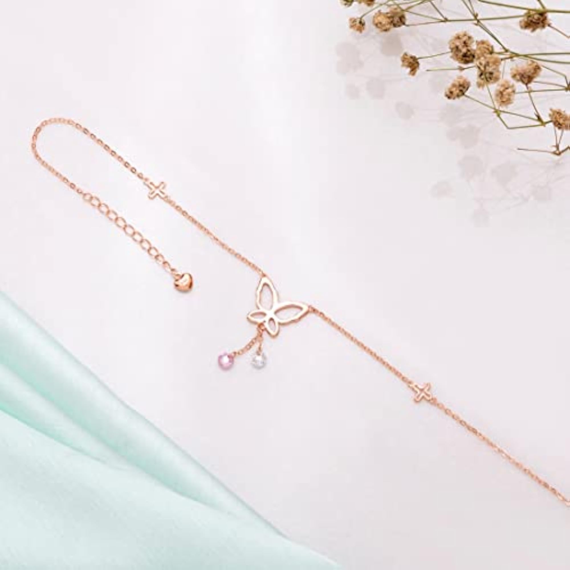 925 Sterling Silver Butterfly Anklet with Pink & White Drops