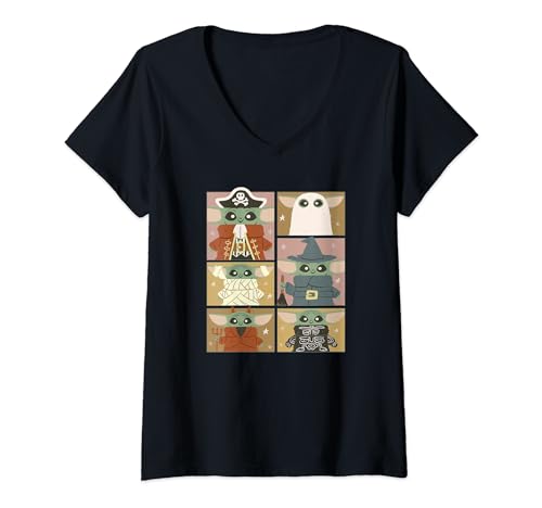 T-shirt Mandalorian col en V femme au tissu respirant imprimé Grogu Halloween durable