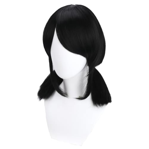 Image of Black Wig with Bangs Black Short Wig with Two Pigtails Black Straight Wigs for Women Cosplay Synthetic Wigs with Wig Cap