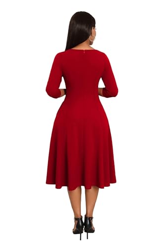 Image of Nmoder Midi Dresses for Women A-Line Fit and Flare Dress 3 /4 Sleeve V Neck Cocktail Wedding Guest Work Dress with Pockets