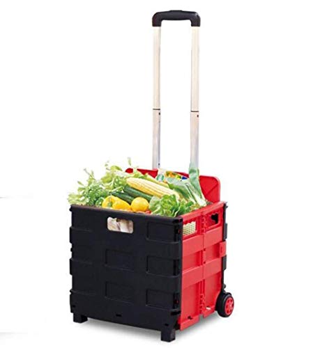 WEIZI Carro de Maletero Plegable Carro de Compras con Ruedas Carro de Maletero Plegable Caja de cajón Carro de Servicios públicos con Lid Desmontable Capacidad de Carga de 25 kg (Carro Rojo + T