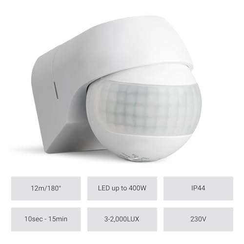 SEBSON PIR Sensor Outdoor IP44, Wall Mounted, Infrared Motion Sensor, LED suitable, Range max. 12m/180°, swivelling, max. 800/400W, white - Image 3