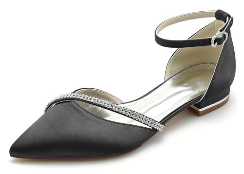 Hanfike JY283 Chaussures de mariée élégantes à talons plats pour filles et femmes avec sangle de cheville et bout pointu ornées de strass, Noir , 40.5 EU