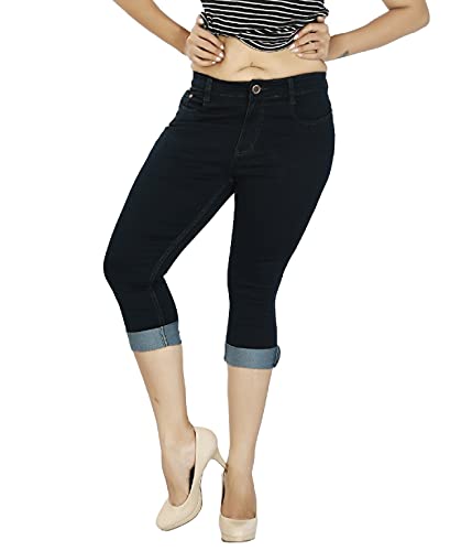 Image of FCK-3 Stretchable Denim Solid Mid Waist Knee Length Button Closure 5 Pocket Capree for Women