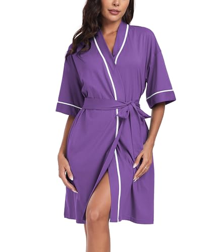 COLORFULLEAF 100% Baumwolle Bademäntel Damen Kurz Leicht Sommer Morgenmantel Kurzarm Sauna Kimono Weiche Dünn Frauen Nachtwäsche(Veilchen,S)