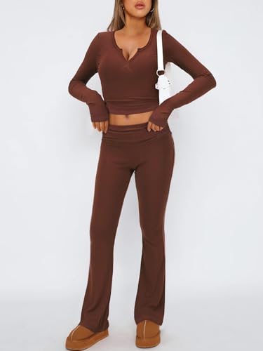 FAIRY SEASON Womens 2 Piece Lounge Sets Slim Fit V Neck Long Sleeve Top Fold Over Yoga Flare Pants Pajamas Loungewear Outfits3