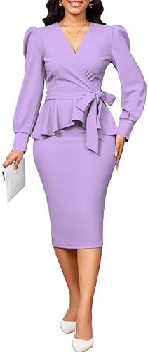 Image of Dresses for Women Elegant Long Sleeves Ruffles Pencil Knee Length Split Business Dress with Belt Zipper