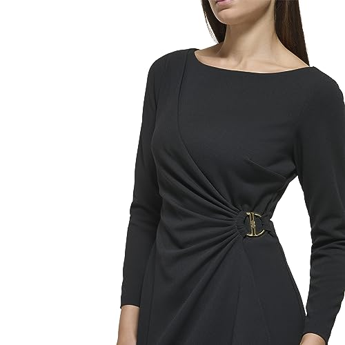 Image of DKNY Women's Long Sleeve V-Neck Side Ruched Sheath Dress with Hardware