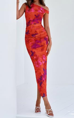 PRETTYGARDEN Women's 2025 Summer Floral One Shoulder Maxi Dress Wedding Guest Ruched Mesh Bodycon Long Cocktail Dresses2