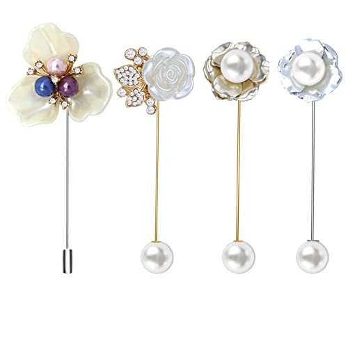 4Pcs Crystal Pearl Flower Stick Pins Brooch Set Elegent Rhinestone Resin Floral Suit Shirt Lapel Brooches Pin Fashion Jewelry Boutonniere for Men Women Gold