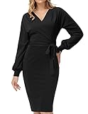 JASAMBAC Women's Elegant V-Neck Long Sleeve Cocktail Party Work Pencil Sheath Casual Dress with Belt...
