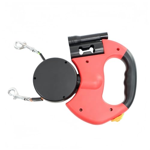 miluFoxリード2匹1匹兼用二頭引き巻き自動伸縮式噛み切れ防止LEDライト付きゴミ袋付き360°回転ロック式長さ3m全種類犬使用お散歩用品しつけ用品持ちやすい二匹用対応 (赤,ボックスパッケージ+緑色印字ゴミ袋1ロール付属)