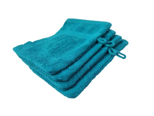 4er Set Waschhandschuhe Petrol 100 % Baumwolle Waschlappen Größe 16x21cm Frottee kuschelweich, saugstark, voluminös - praktisch durch Schlaufe Cover