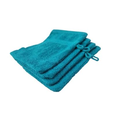 Merkanta 4er Set Waschhandschuhe Petrol 100% Baumwolle Waschlappen Größe 16x21cm Frottee kuschelweich, saugstark, voluminös - praktisch durch Schlaufe