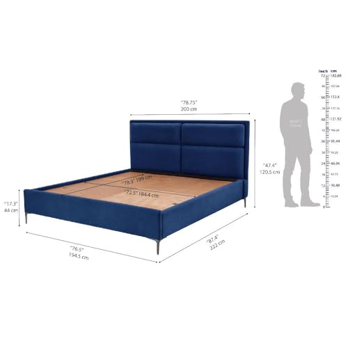 Image of Wakefit Bed | King (78 X 72) Solid Wood Bed, Upholstered, Without Storage, 3 Year Warranty - Zewail - Velvet Blue