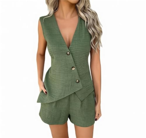 Conjunto de verano de 2 piezas para mujer, cuello en V, sin mangas, con botones, chaleco y pantalones cortos, asimétrico, verde, M