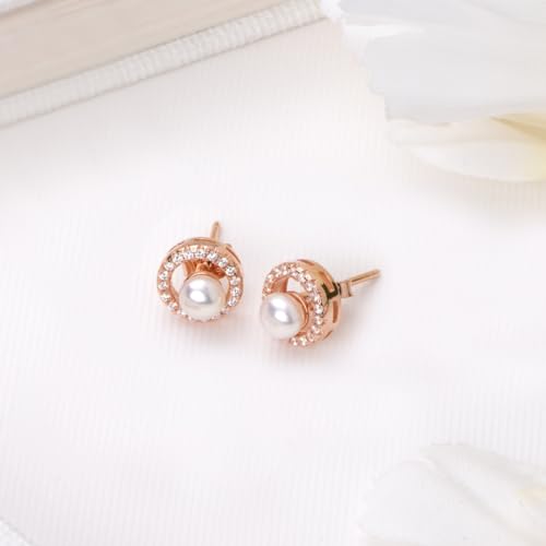 Women's 925 Sterling Silver CZ Encircled Pearl Rose Plated Stud Earrings